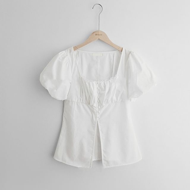 Square Neck Lace-Trim Short Sleeve Blouse