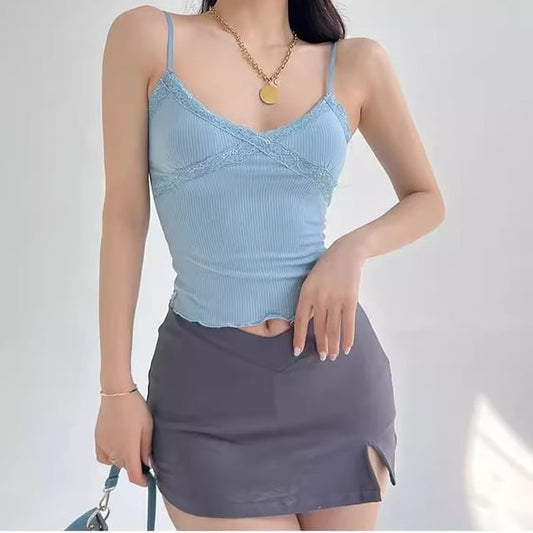 Ribbed Knit Lace-Trim Crop Camisole Top