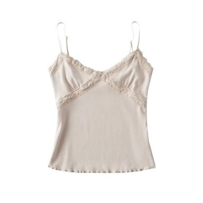 Ribbed Knit Lace-Trim Crop Camisole Top