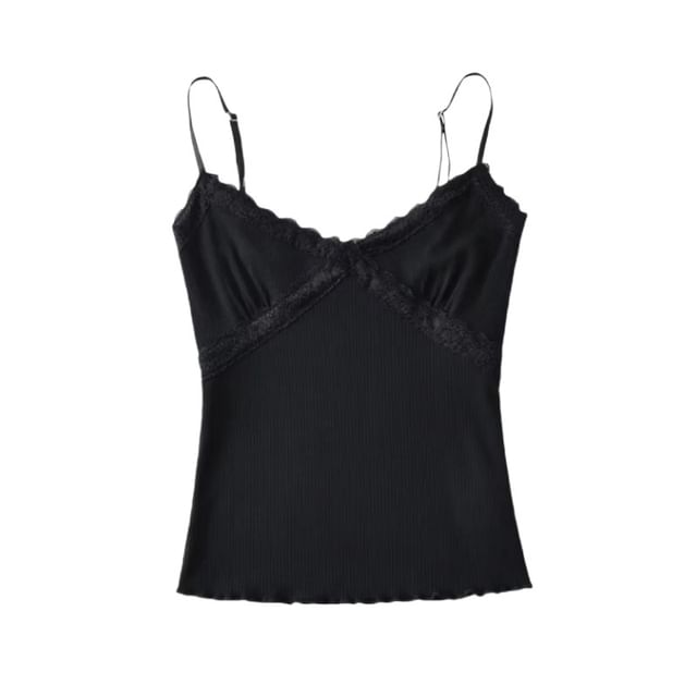 Ribbed Knit Lace-Trim Crop Camisole Top