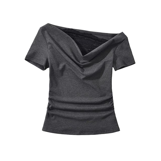 Off-Shoulder Cowl Neck Lace Panel Slim Tee