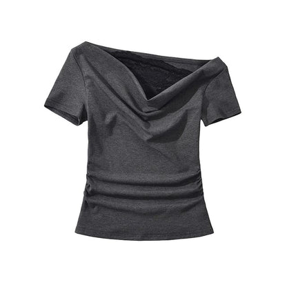 Off-Shoulder Cowl Neck Lace Panel Slim Tee