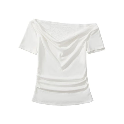 Off-Shoulder Cowl Neck Lace Panel Slim Tee
