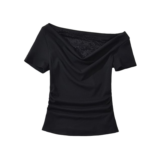 Off-Shoulder Cowl Neck Lace Panel Slim Tee
