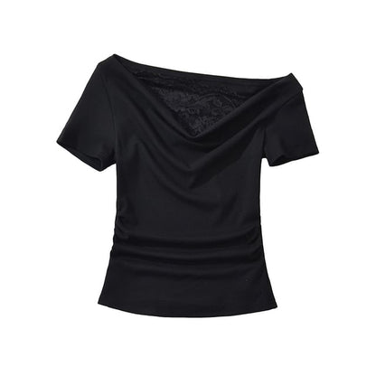 Off-Shoulder Cowl Neck Lace Panel Slim Tee
