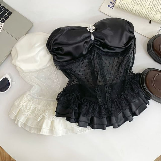 Invisible Strap Lace Panel Rhinestone Ruffle Crop Camisole