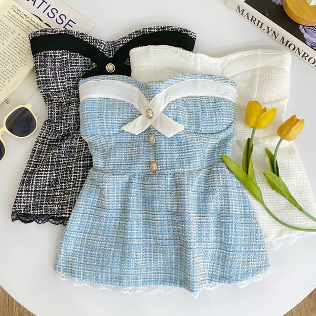 Buttoned Padded Tweed Lace-Trim Crop Tube Top