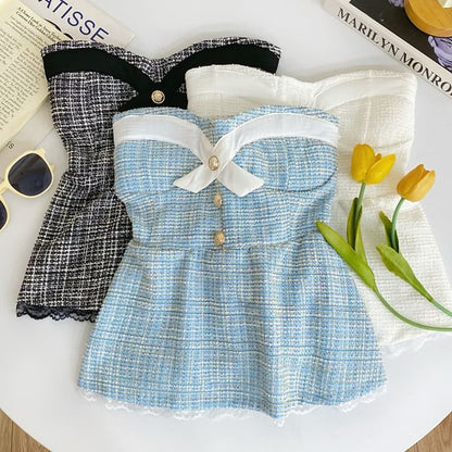 Buttoned Padded Tweed Lace-Trim Crop Tube Top