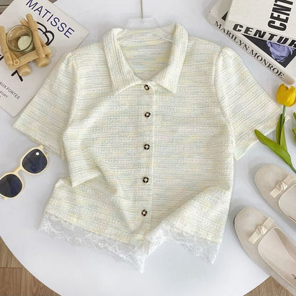 Collared Lace Panel Short-Sleeve Tweed Blouse