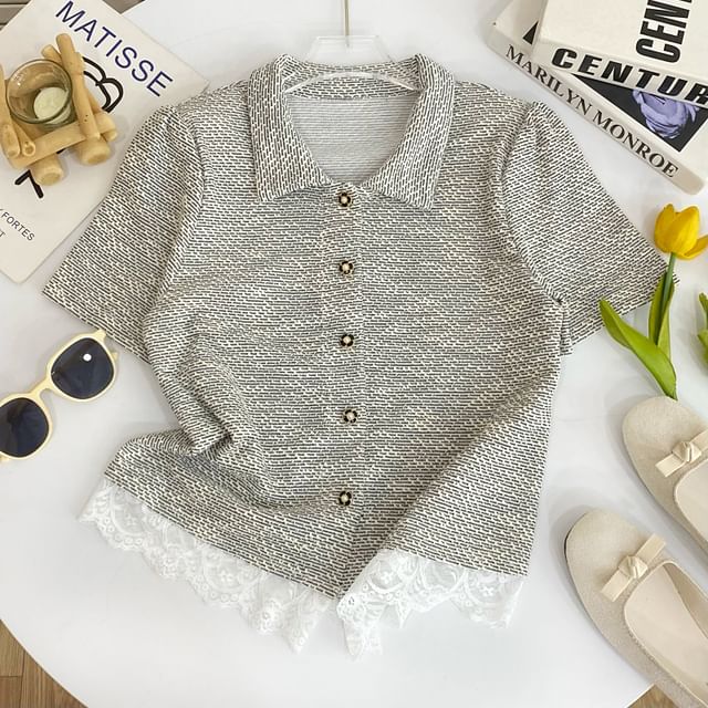 Collared Lace Panel Short-Sleeve Tweed Blouse