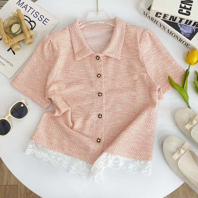 Collared Lace Panel Short-Sleeve Tweed Blouse