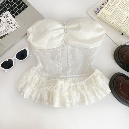 Invisible Strap Lace Panel Rhinestone Ruffle Crop Camisole