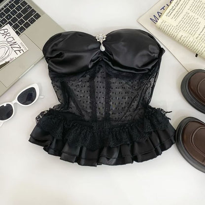 Invisible Strap Lace Panel Rhinestone Ruffle Crop Camisole
