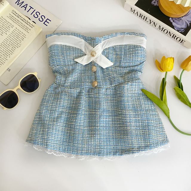 Buttoned Padded Tweed Lace-Trim Crop Tube Top