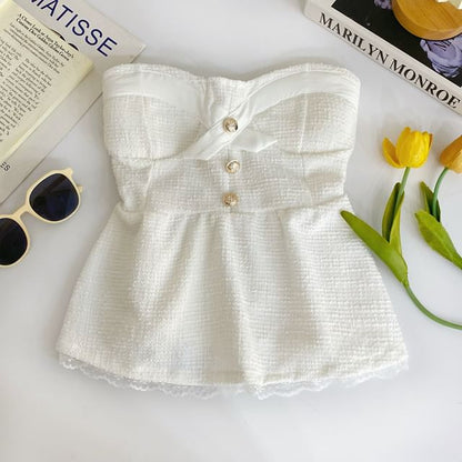 Buttoned Padded Tweed Lace-Trim Crop Tube Top