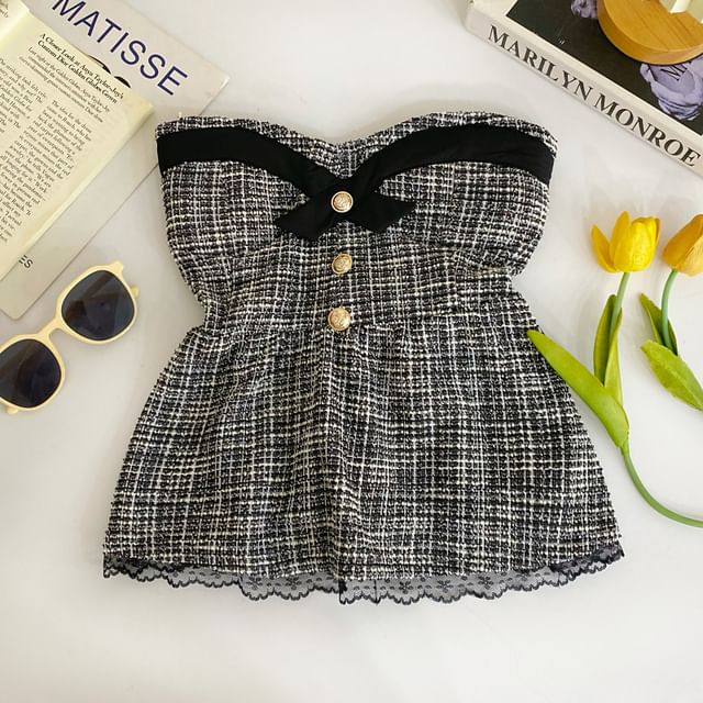 Buttoned Padded Tweed Lace-Trim Crop Tube Top