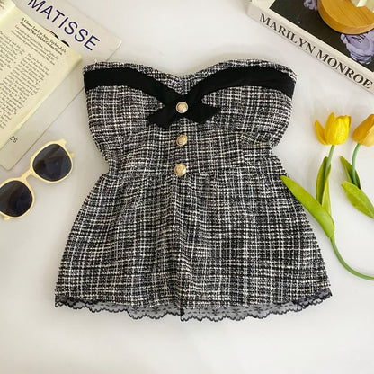 Buttoned Padded Tweed Lace-Trim Crop Tube Top