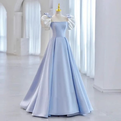 Short-Sleeve Square Neck A-Line Evening Dress