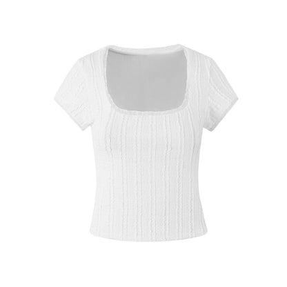 Scoop Neck Lace-Trim Textured Short-Sleeve Crop Tee