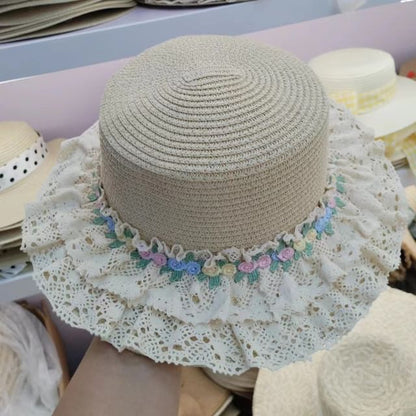 Lace Trim Floral Straw Hat
