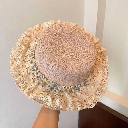 Lace Trim Floral Straw Hat