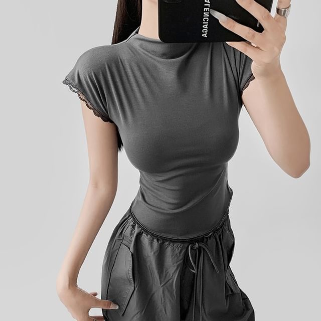 Cap-Sleeve Mock Neck Lace-Trim Slim Crop Tee