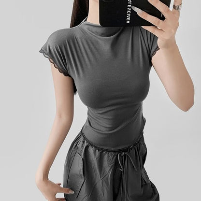 Cap-Sleeve Mock Neck Lace-Trim Slim Crop Tee