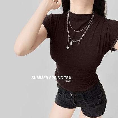 Cap-Sleeve Mock Neck Lace-Trim Slim Crop Tee