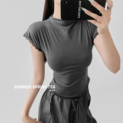 Cap-Sleeve Mock Neck Lace-Trim Slim Crop Tee
