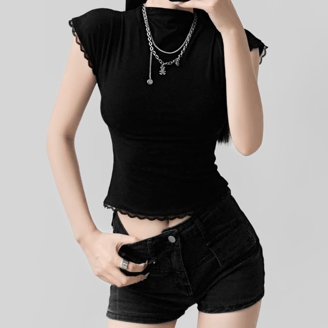 Cap-Sleeve Mock Neck Lace-Trim Slim Crop Tee