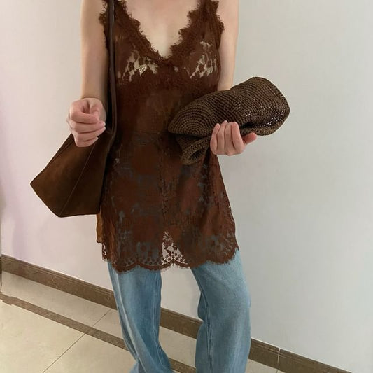 Spaghetti Strap V-Neck Plain Lace Cami Top