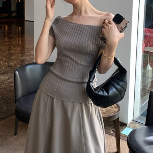 Short-Sleeve Off Shoulder Plain Ribbed Knit Top