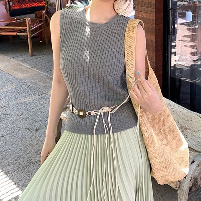 Sleeveless Crew Neck Plain Ribbed Knit Top