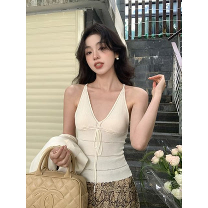 Top Neck Spaghetti V-Neck Tie Camisole Plain Strap
