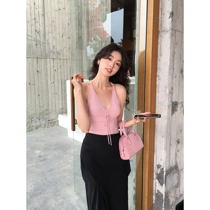 Top Neck Spaghetti V-Neck Tie Camisole Plain Strap