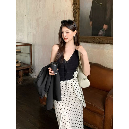 Top Neck Spaghetti V-Neck Tie Camisole Plain Strap