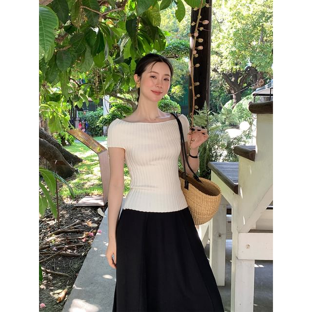 Short-Sleeve Off Shoulder Plain Ribbed Knit Top