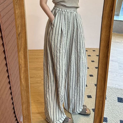 High Leg Waist Plain Wide Pants Striped