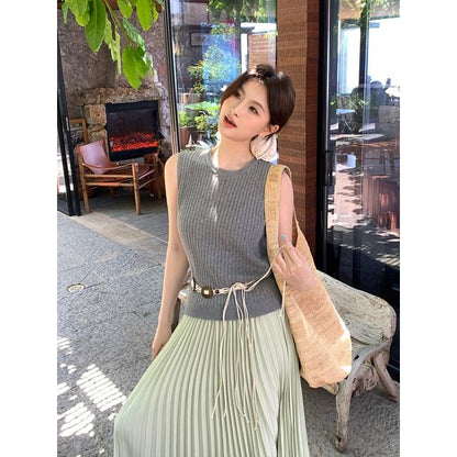 Sleeveless Crew Neck Plain Ribbed Knit Top