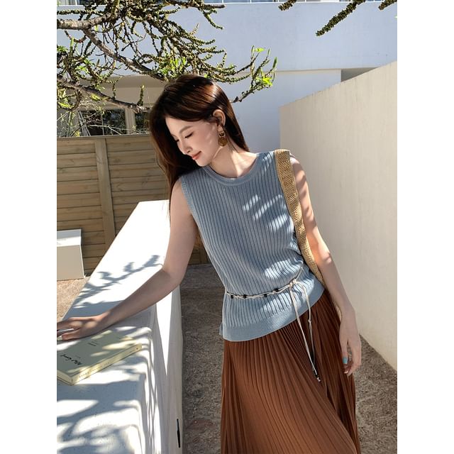 Sleeveless Crew Neck Plain Ribbed Knit Top