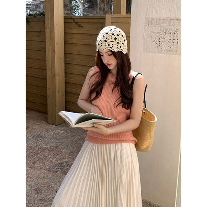 Crew Sleeveless Neck Plain Top Ribbed Knit