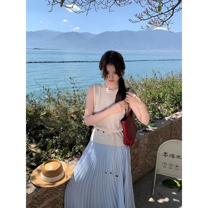 Sleeveless Crew Neck Plain Ribbed Knit Top