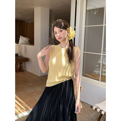 Sleeveless Crew Neck Plain Ribbed Knit Top