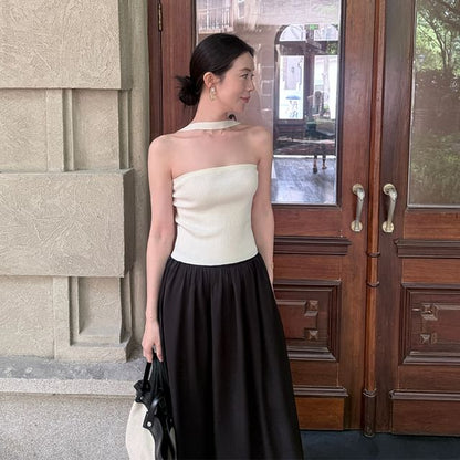 Halter Neck Plain Ribbed Knit Top