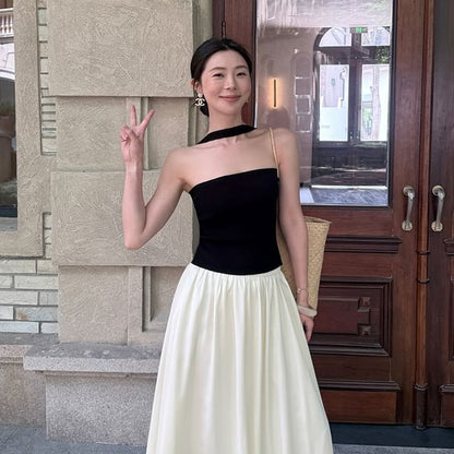 Halter Neck Plain Ribbed Knit Top