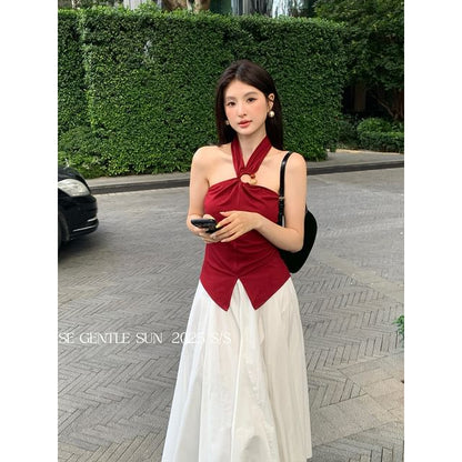 Halter Neck Plain Slit Crop Camisole Top