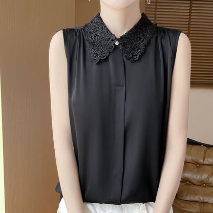 Sleeveless Lace Collar Satin Button-Up Top