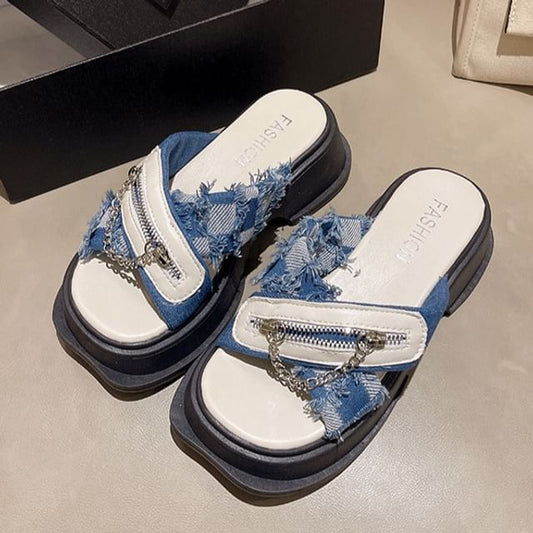 Detail Sandals Chunky Strap Cross Chain Zipped Slide Platform Heel