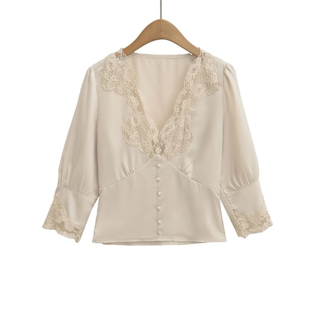 3/4 Sleeve V-Neck Lace Panel Blouse