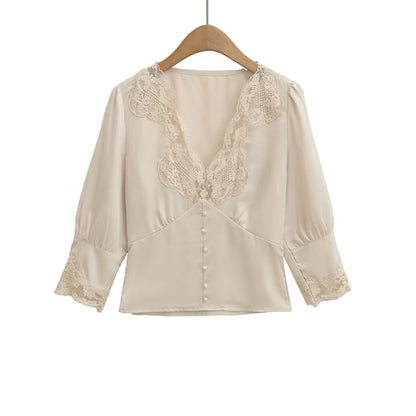 3/4 Sleeve V-Neck Lace Panel Blouse